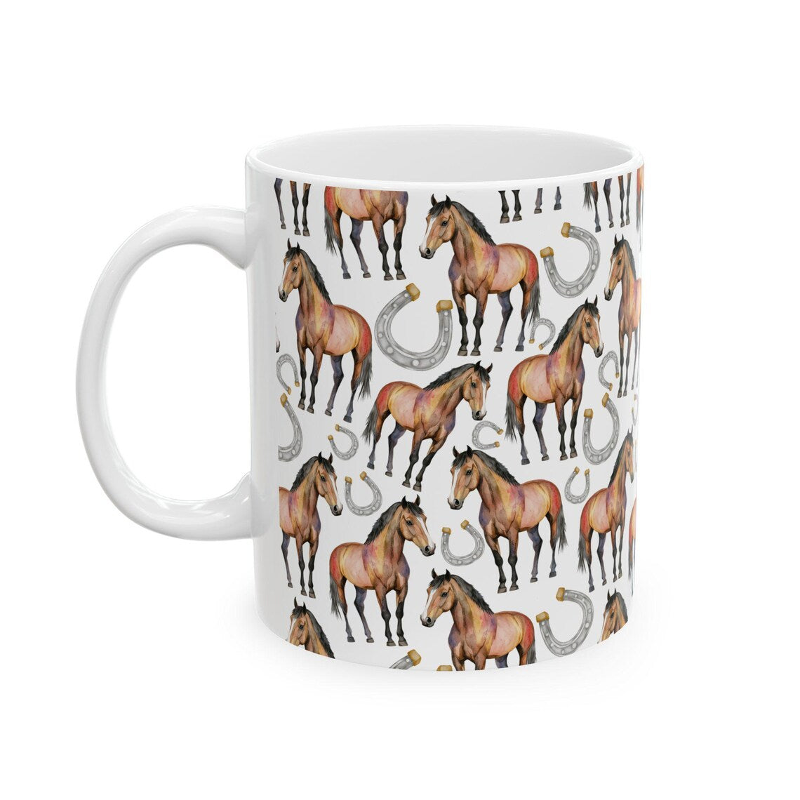 Cute Horses Watercolor Pattern 11oz white funny large coffee mug gift for horseriding rider horseshoe hooves stallion enthusiast friend animal lover neigh secret santa birthday Christmas waveywares wavey wares wavywares wavy wares