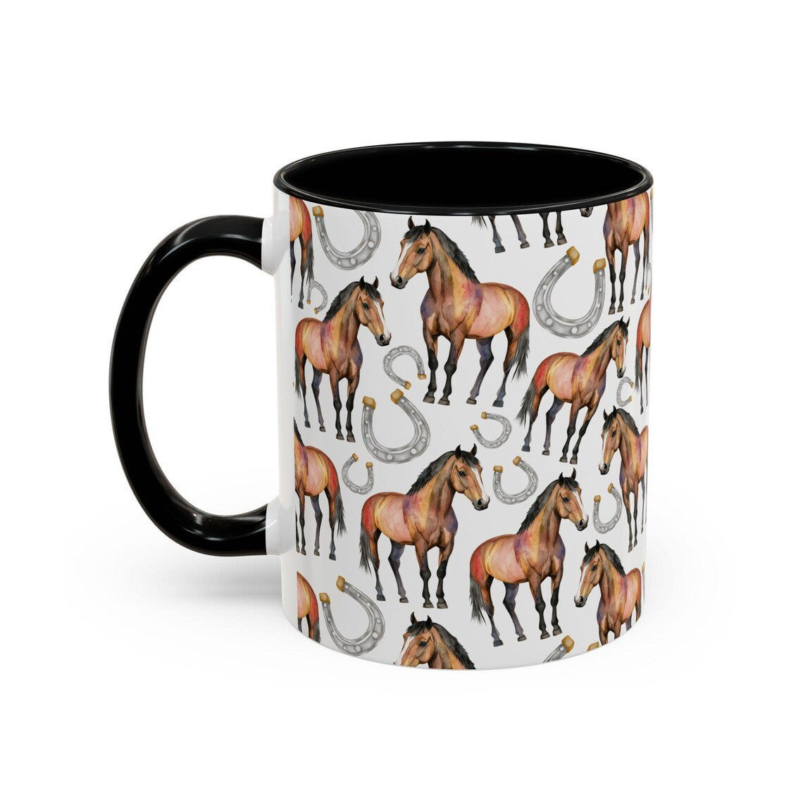 Cute Horses Watercolor Pattern 11oz white with black accent funny large coffee mug gift for horseriding rider horseshoe hooves stallion enthusiast friend animal lover neigh secret santa birthday Christmas waveywares wavey wares wavywares wavy wares