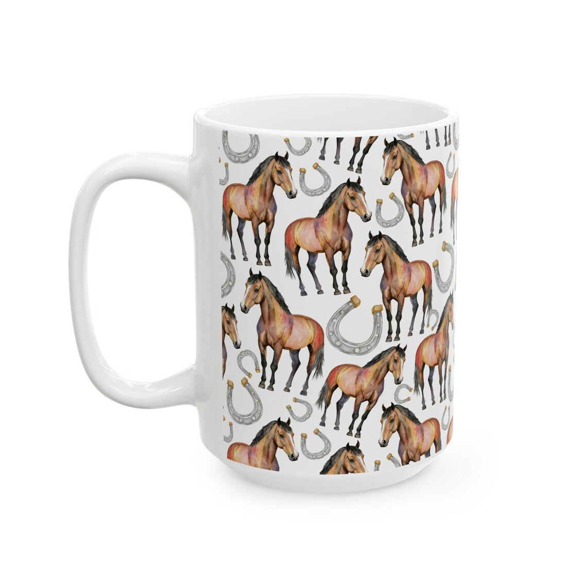 Cute Horses Watercolor Pattern 15oz white funny large coffee mug gift for horseriding rider horseshoe hooves stallion enthusiast friend animal lover neigh secret santa birthday Christmas waveywares wavey wares wavywares wavy wares