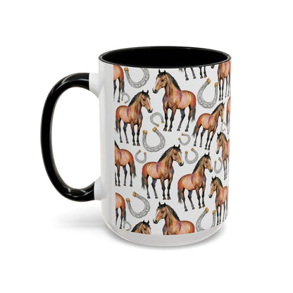 Cute Horses Watercolor Pattern 15oz white with black accent funny large coffee mug gift for horseriding rider horseshoe hooves stallion enthusiast friend animal lover neigh secret santa birthday Christmas waveywares wavey wares wavywares wavy wares