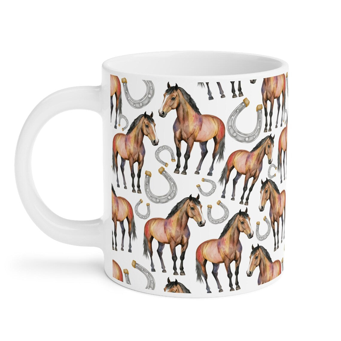 Cute Horses Watercolor Pattern 20oz white funny large coffee mug gift for horseriding rider horseshoe hooves stallion enthusiast friend animal lover neigh secret santa birthday Christmas waveywares wavey wares wavywares wavy wares