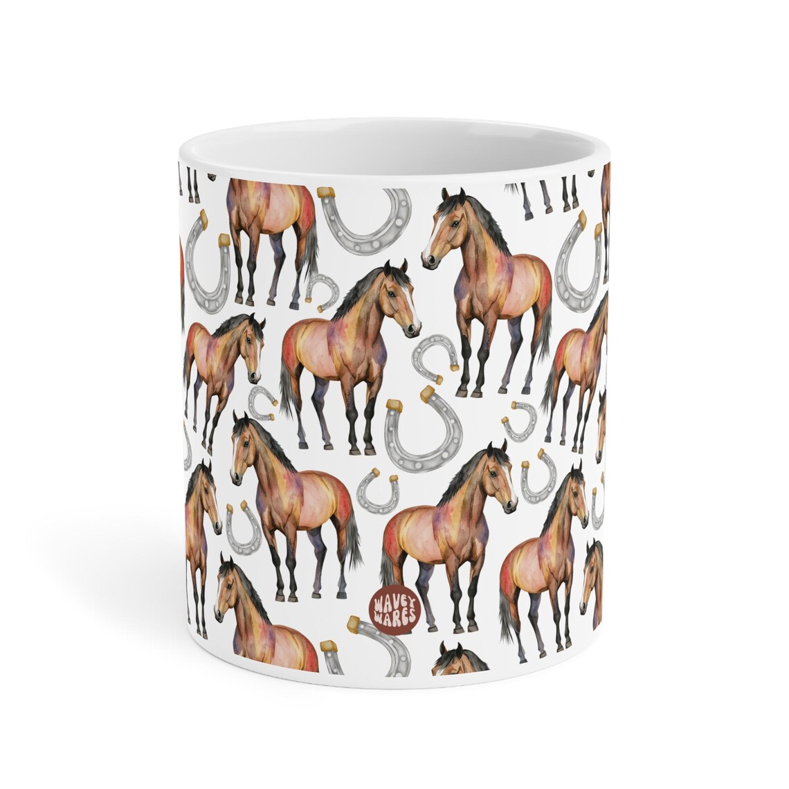 Cute Horses Watercolor Pattern 20oz white funny large coffee mug gift for horseriding rider horseshoe hooves stallion enthusiast friend animal lover neigh secret santa birthday Christmas waveywares wavey wares wavywares wavy wares side