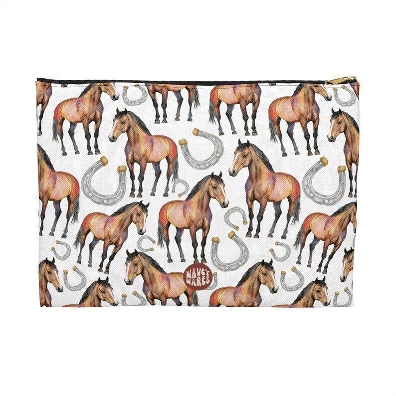 Cute Horse Pattern flat white travel zip bag gift for animal lover secret santa birthday Christmas makeup cosmetic drugs storage case accessory pouch waveywares wavey wares wavywares wavy wares