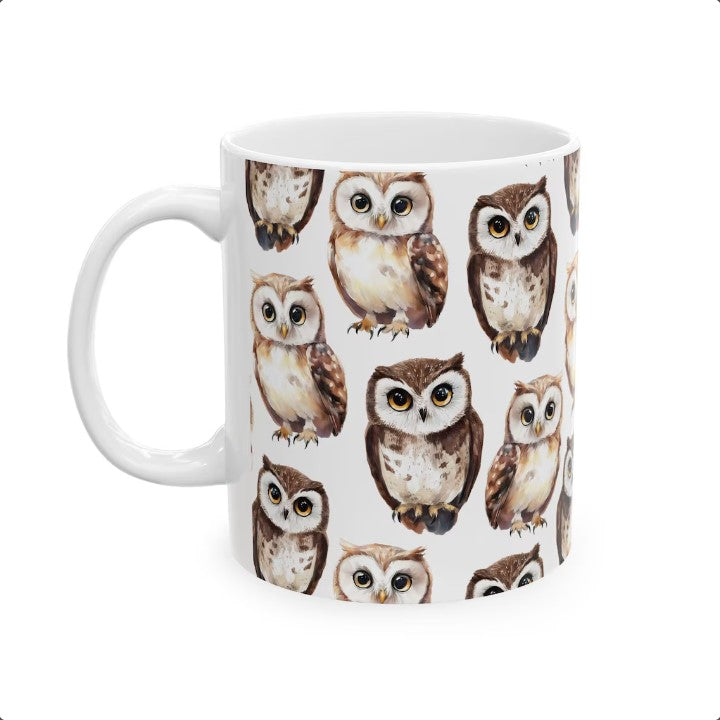 Cute Owls Watercolor Pattern 11oz white funny large coffee mug gift for bird night animal lover secret santa birthday Christmas waveywares wavey wares wavywares wavy wares