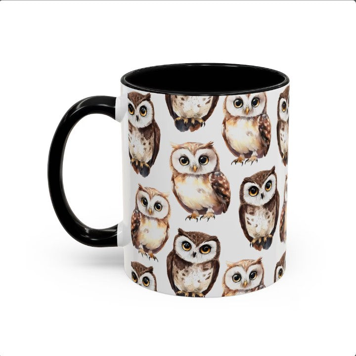 Cute Owls Watercolor Pattern 11oz white with black accent funny large coffee mug gift for bird night animal lover secret santa birthday Christmas waveywares wavey wares wavywares wavy wares