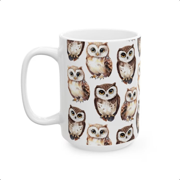 Cute Owls Watercolor Pattern 15oz white funny large coffee mug gift for bird night animal lover secret santa birthday Christmas waveywares wavey wares wavywares wavy wares