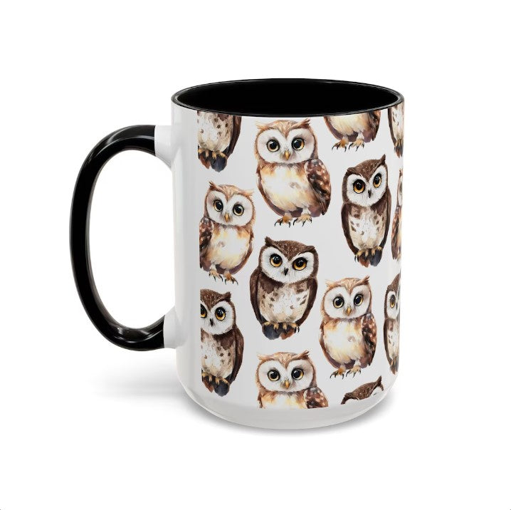 Cute Owls Watercolor Pattern 15oz white with black accent funny large coffee mug gift for bird night animal lover secret santa birthday Christmas waveywares wavey wares wavywares wavy wares