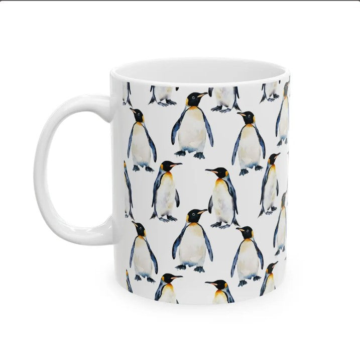 Cute Penguins Watercolor Pattern 11oz white funny large coffee mug gift for emperor flightless bird enthusiast friend animal lover secret santa birthday Christmas Antarctica waveywares wavey wares wavywares wavy wares