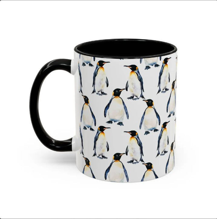 Cute Penguins Watercolor Pattern 11oz white with black accent funny large coffee mug gift for emperor flightless bird enthusiast friend animal lover secret santa birthday Christmas Antarctica waveywares wavey wares wavywares wavy wares