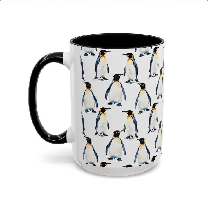 Cute Penguins Watercolor Pattern 15oz white with black accent funny large coffee mug gift for emperor flightless bird enthusiast friend animal lover secret santa birthday Christmas Antarctica waveywares wavey wares wavywares wavy wares