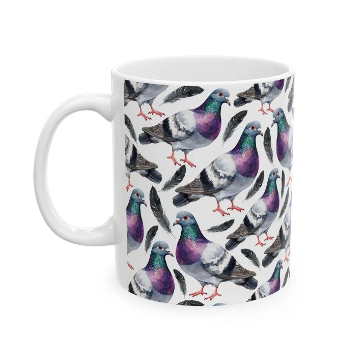 Cute Pigeon Watercolor Pattern 11oz white funny large coffee mug gift for bird animal lover secret santa birthday Christmas waveywares wavey wares wavywares wavy wares