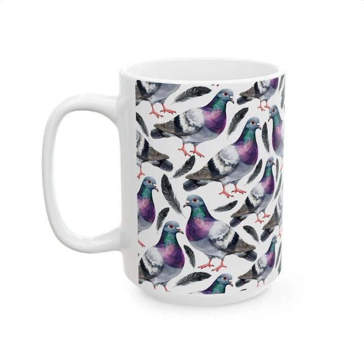 Cute Pigeon Watercolor Pattern 15oz white funny large coffee mug gift for bird animal lover secret santa birthday Christmas waveywares wavey wares wavywares wavy wares