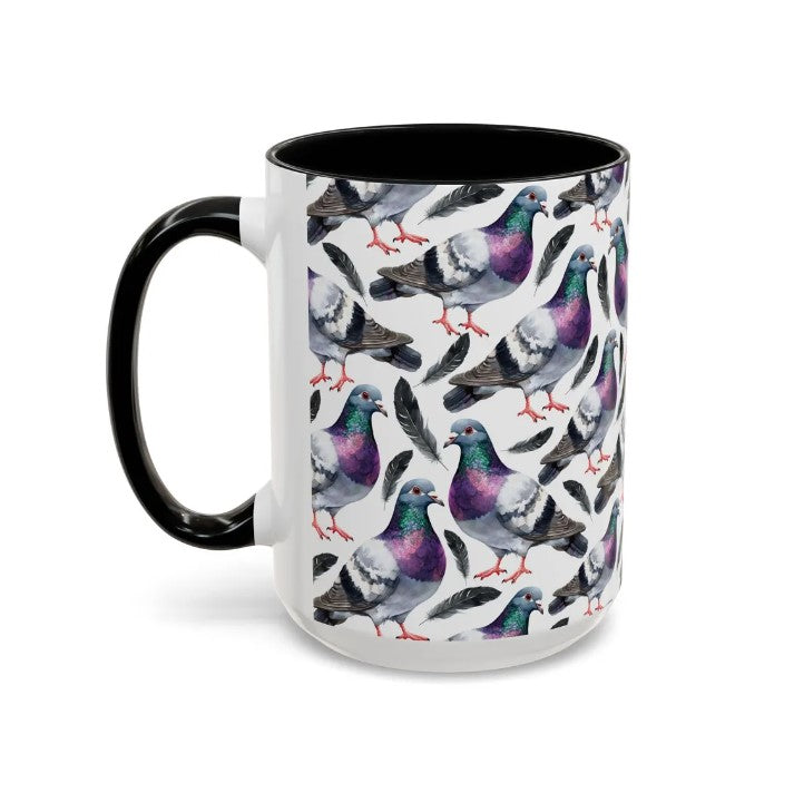 Cute Pigeon Watercolor Pattern 15oz white with black accent funny large coffee mug gift for bird animal lover secret santa birthday Christmas waveywares wavey wares wavywares wavy wares