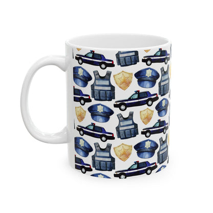 Cute Police Watercolor Pattern 11oz white funny large coffee mug gift for policeman policewoman cop wee woo car badge birthday secret santa Christmas waveywares wavey wares wavywares wavy wares