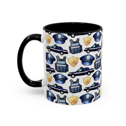 Cute Police Watercolor Pattern 11oz white with black accent funny large coffee mug gift for policeman policewoman cop wee woo car badge birthday secret santa Christmas waveywares wavey wares wavywares wavy wares