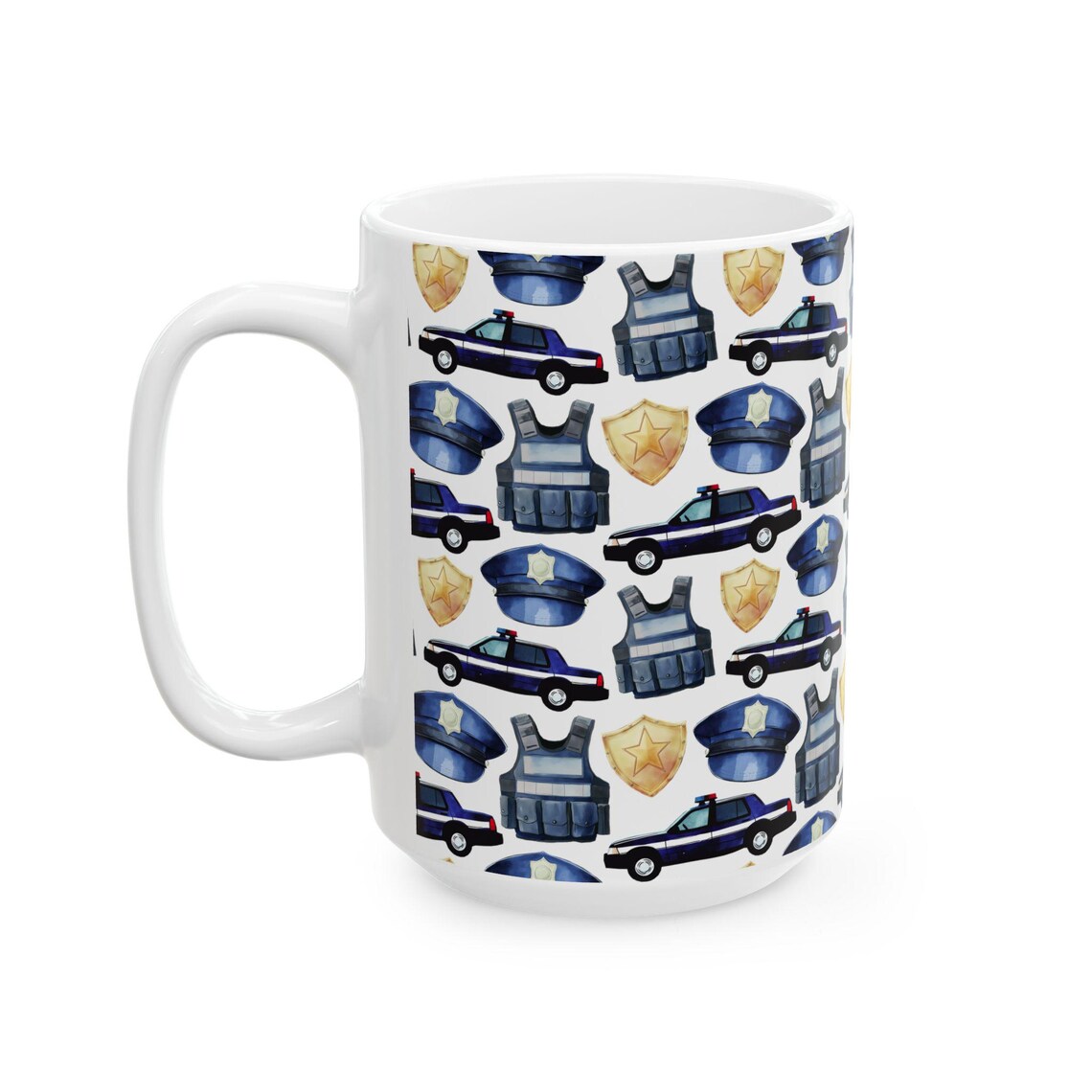 Cute Police Watercolor Pattern 15oz white funny large coffee mug gift for policeman policewoman cop wee woo car badge birthday secret santa Christmas waveywares wavey wares wavywares wavy wares