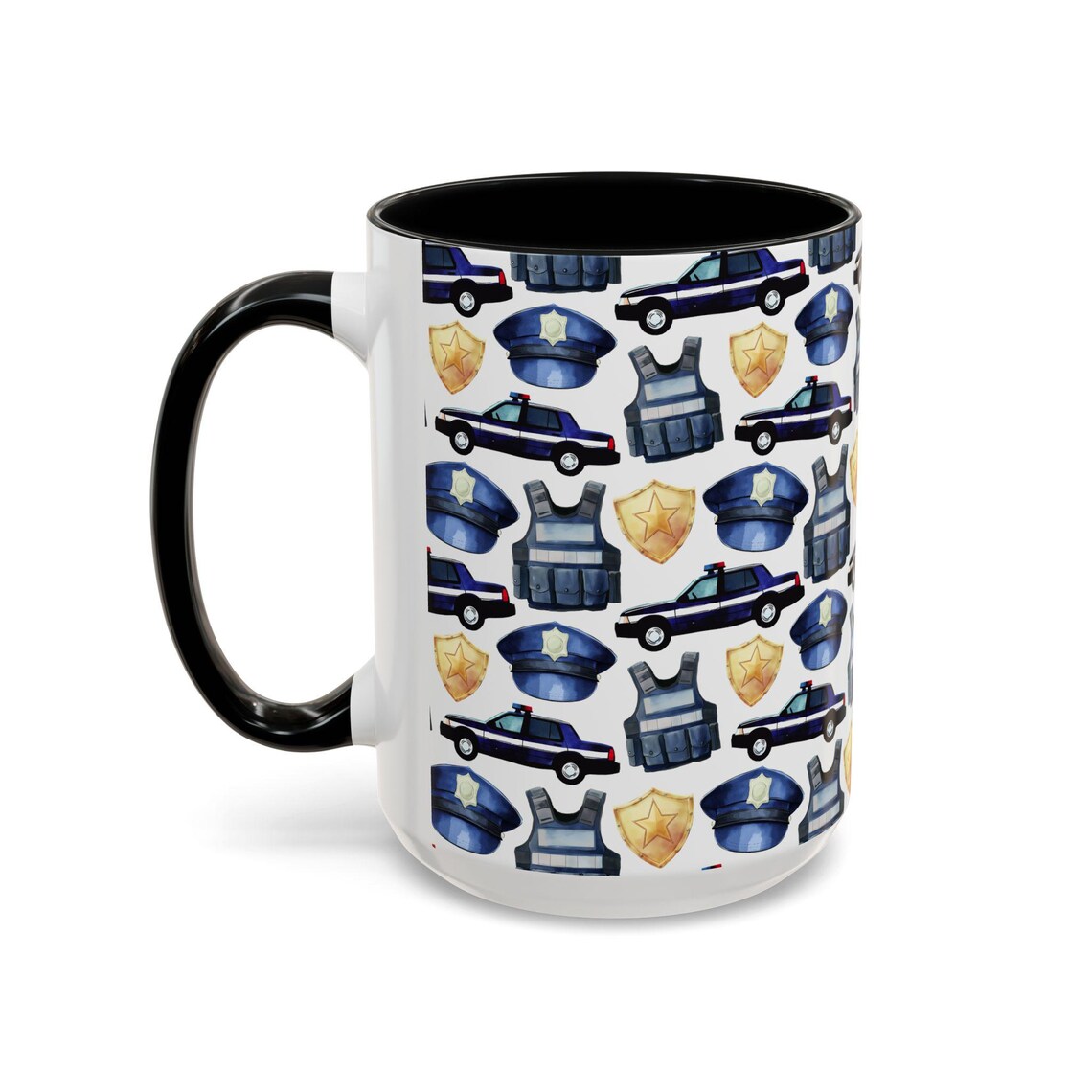 Cute Police Watercolor Pattern 15oz white with black accent funny large coffee mug gift for policeman policewoman cop wee woo car badge birthday secret santa Christmas waveywares wavey wares wavywares wavy wares