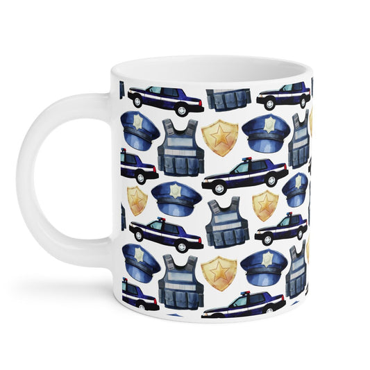 Cute Police Watercolor Pattern 20oz white funny large coffee mug gift for policeman policewoman cop wee woo car badge birthday secret santa Christmas waveywares wavey wares wavywares wavy wares