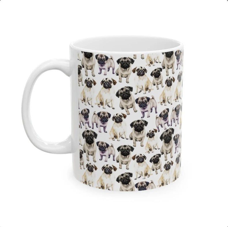 Cute Pugs Watercolor Pattern 11oz white funny large coffee mug gift for dog lover mom dad best friend her fluffy animal aesthetic birthday secret santa Christmas waveywares wavey wares wavywares wavy wares