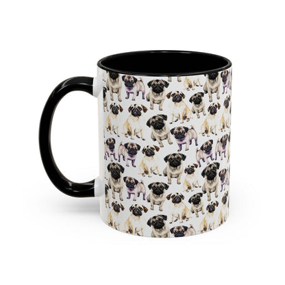 Cute Pugs Watercolor Pattern 11oz white with black accent funny large coffee mug gift for dog lover mom dad best friend her fluffy animal aesthetic birthday secret santa Christmas waveywares wavey wares wavywares wavy wares