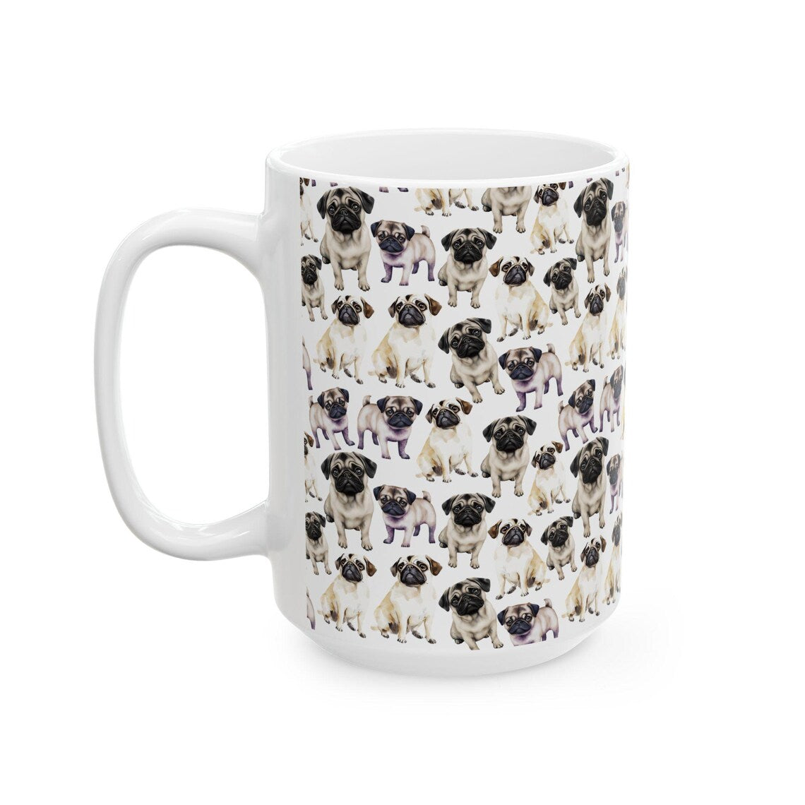 Cute Pugs Watercolor Pattern 15oz white funny large coffee mug gift for dog lover mom dad best friend her fluffy animal aesthetic birthday secret santa Christmas waveywares wavey wares wavywares wavy wares