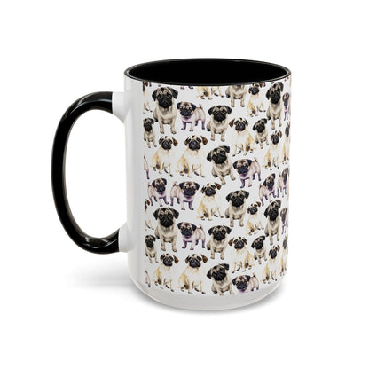 Cute Pugs Watercolor Pattern 15oz white with black accent funny large coffee mug gift for dog lover mom dad best friend her fluffy animal aesthetic birthday secret santa Christmas waveywares wavey wares wavywares wavy wares