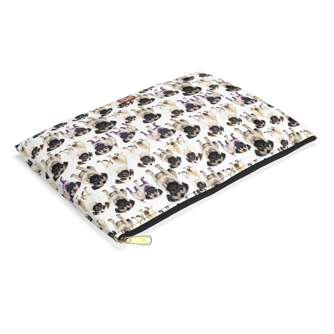 Cute Pugs Pattern flat lay white cosmetic zip bag gift for dog lover mom dad best friend her fluffy animal aesthetic travel toiletry drugs storage case accessory pouch makeup pencil waveywares wavey wares wavywares wavy wares