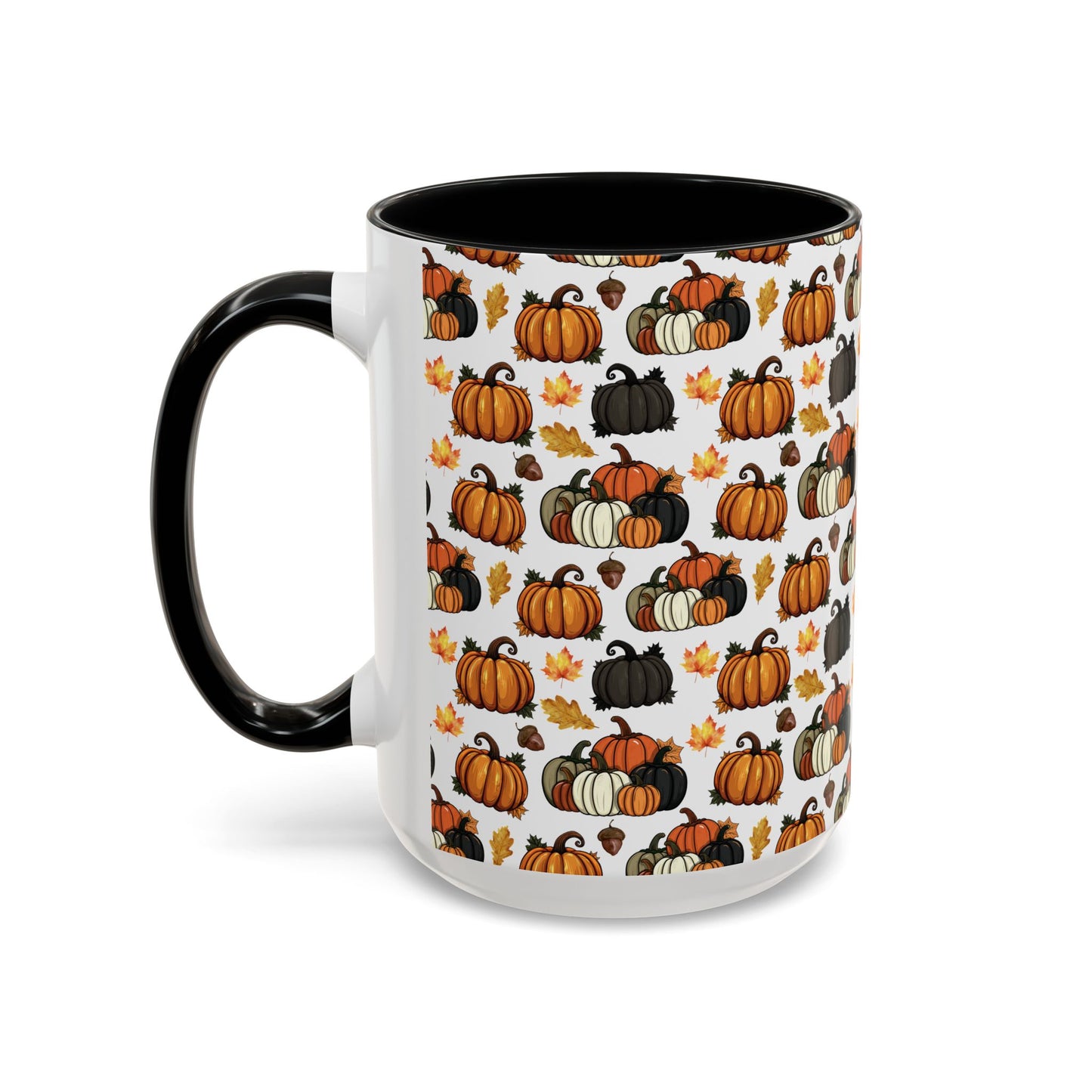 Cute Pumpkins Watercolor Pattern 15oz white with black accent funny large coffee mug gift for halloween enthusiast pumpkin lover October squash fall autumn aesthetic birthday secret santa Christmas waveywares wavey wares wavywares wavy wares