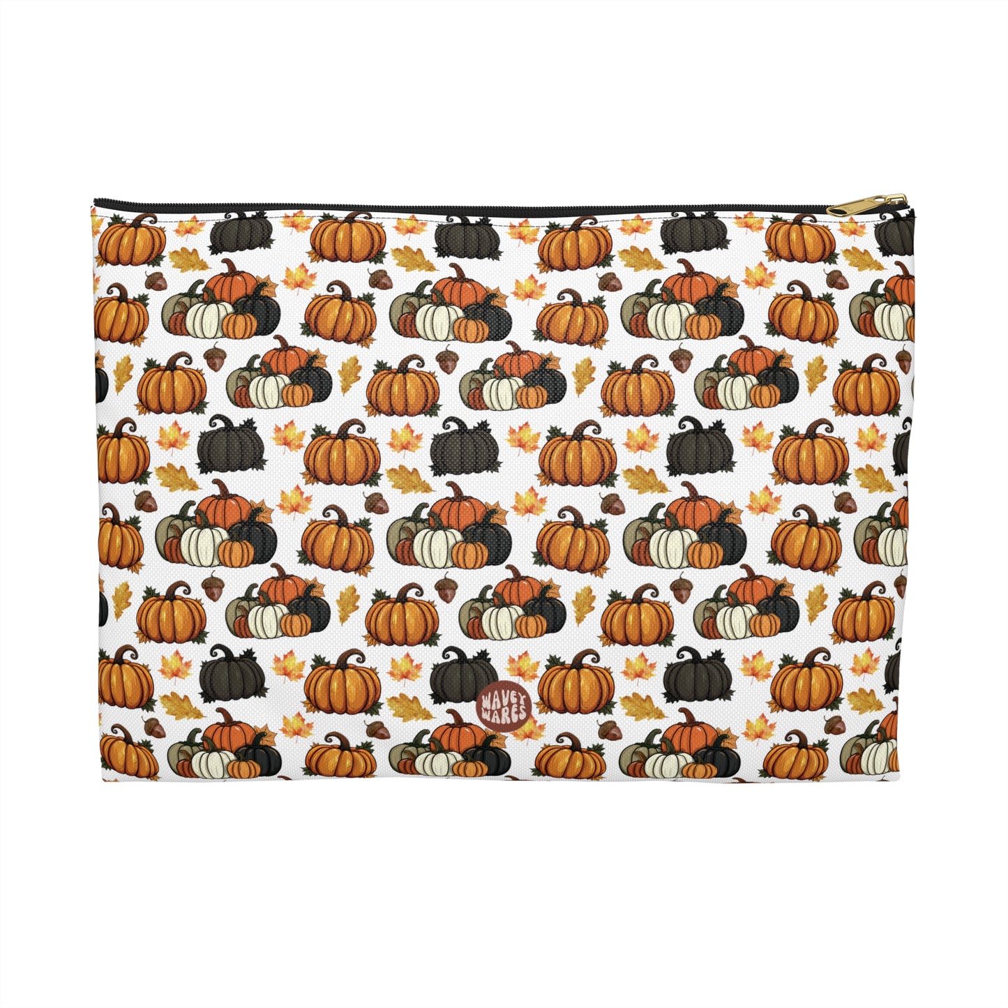 Cute Pumpkins Pattern flat white toiletry zip bag gift for halloween enthusiast pumpkin lover October squash fall autumn aesthetic birthday secret santa Christmas travel makeup drugs storage case accessory pouch cosmetic pencil waveywares wavey wares wavywares wavy wares