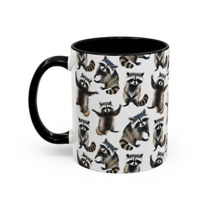 Cute Raccoons Watercolor Pattern 11oz white with black accent funny large coffee mug gift for animal lover owner secret santa birthday Christmas waveywares wavey wares wavywares wavy wares