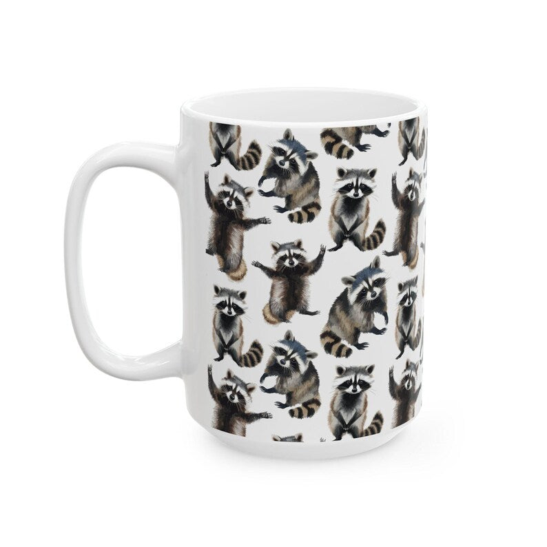 Cute Raccoons Watercolor Pattern 15oz white funny large coffee mug gift for animal lover owner secret santa birthday Christmas waveywares wavey wares wavywares wavy wares