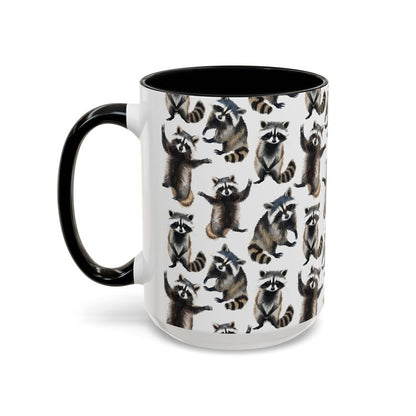 Cute Raccoons Watercolor Pattern 15oz white with black accent funny large coffee mug gift for animal lover owner secret santa birthday Christmas waveywares wavey wares wavywares wavy wares