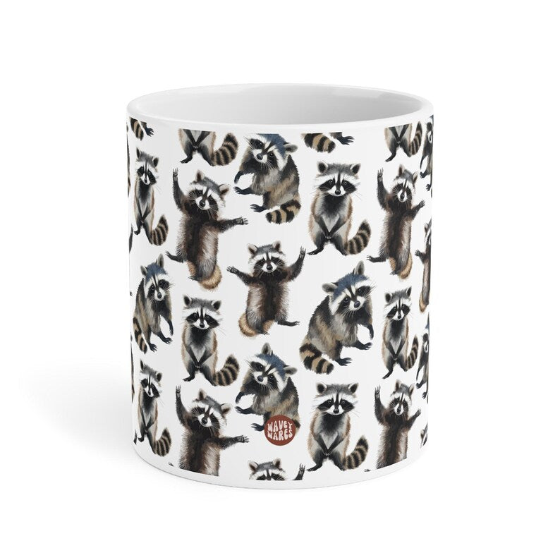 Cute Raccoons Watercolor Pattern 20oz white funny large coffee mug gift for animal lover owner secret santa birthday Christmas waveywares wavey wares wavywares wavy wares side