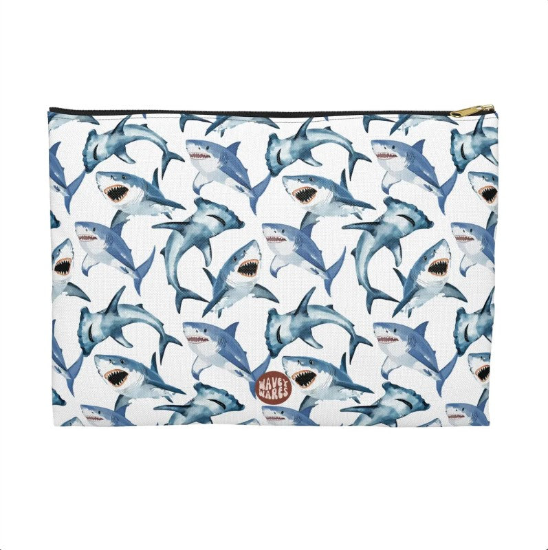 Cute Sharks Pattern flat white travel zip bag gift for shark lover sea animal wildlife marine biologist biology ocean aquatic fish aesthetic toiletry makeup drugs storage case accessory pouch cosmetic pencil waveywares wavey wares wavywares wavy wares