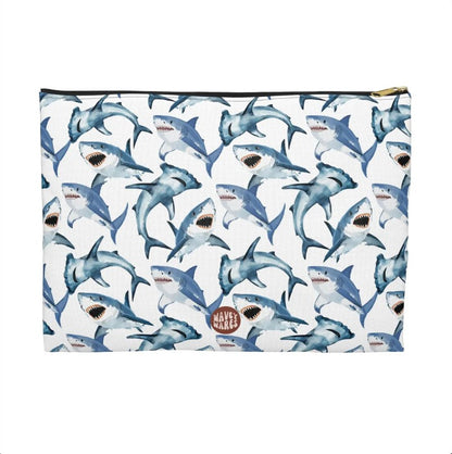 Cute Sharks Pattern flat white travel zip bag gift for shark lover sea animal wildlife marine biologist biology ocean aquatic fish aesthetic toiletry makeup drugs storage case accessory pouch cosmetic pencil waveywares wavey wares wavywares wavy wares