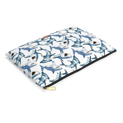 Cute Sharks Pattern flat lay white travel zip bag gift for shark lover sea animal wildlife marine biologist biology ocean aquatic fish aesthetic toiletry makeup drugs storage case accessory pouch cosmetic pencil waveywares wavey wares wavywares wavy wares