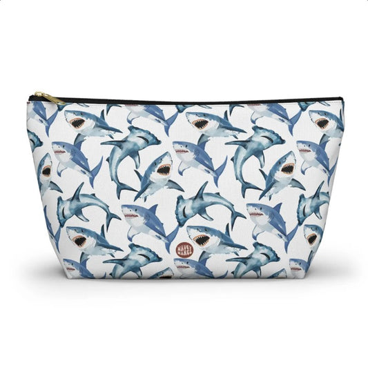 Cute Sharks Pattern T Bottom white travel zip bag gift for shark lover sea animal wildlife marine biologist biology ocean aquatic fish aesthetic toiletry makeup drugs storage case accessory pouch cosmetic pencil waveywares wavey wares wavywares wavy wares