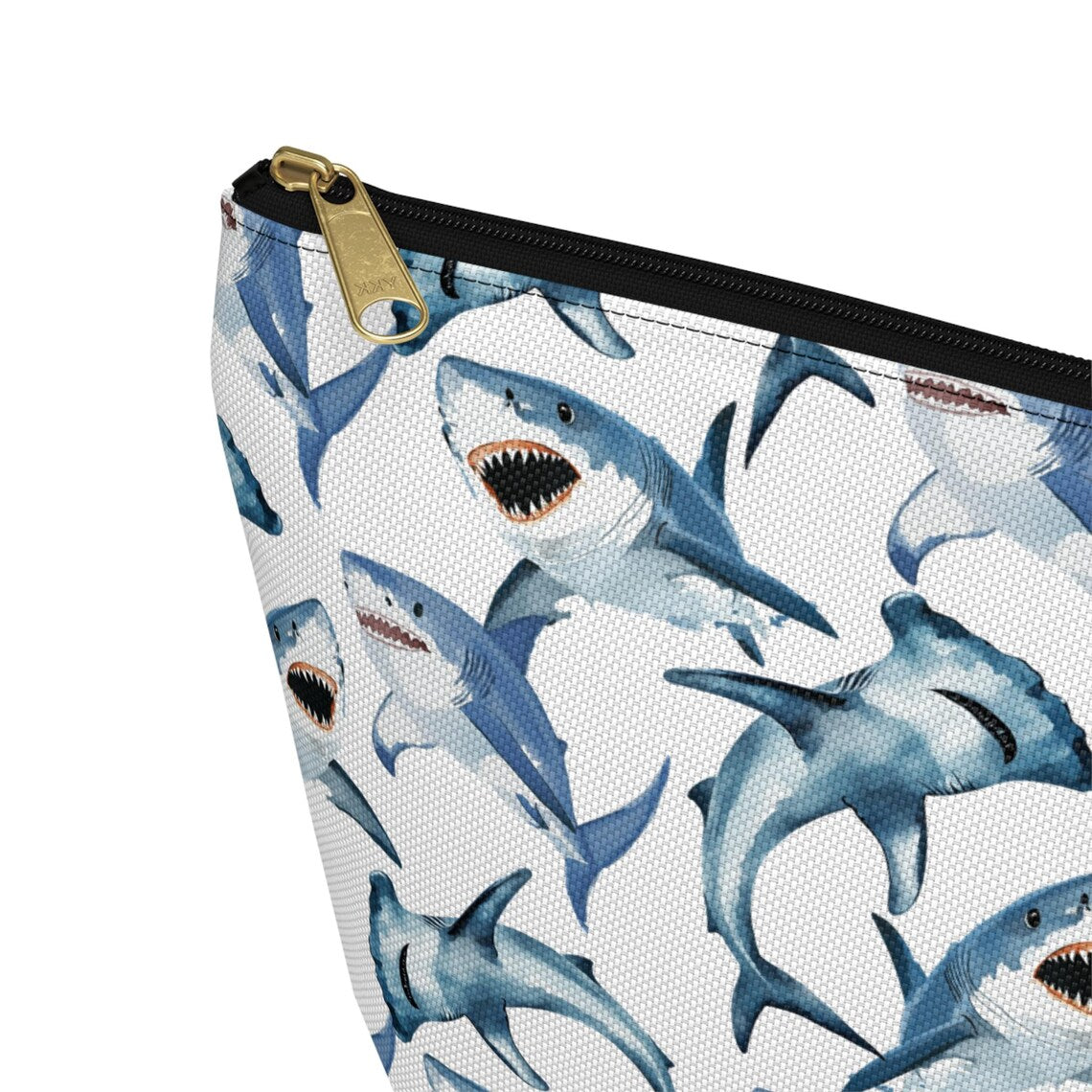 Cute Sharks Pattern zipper white travel zip bag gift for shark lover sea animal wildlife marine biologist biology ocean aquatic fish aesthetic toiletry makeup drugs storage case accessory pouch cosmetic pencil waveywares wavey wares wavywares wavy wares