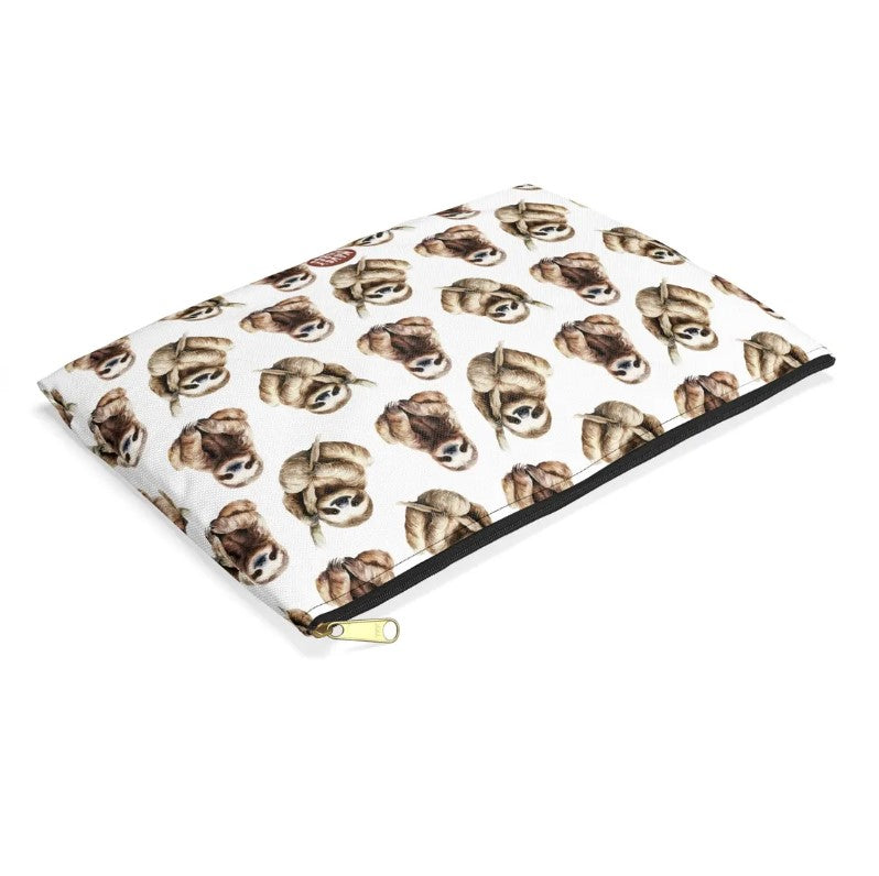 Cute Sloth Pattern flat lay white toiletry zip bag gift for lazy friend animal lover slothy meme aesthetic makeup cosmetic drugs storage case accessory pouch travel pencil waveywares wavey wares wavywares wavy wares