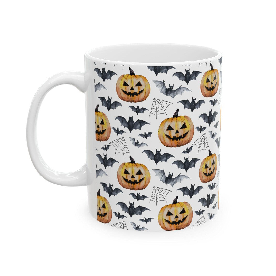 Spooky Halloween Watercolor Pattern 11oz white funny large coffee mug gift for fall autumn pumpkins bats cobwebs October enthusiast him her friend night animal lover birthday waveywares wavey wares wavywares wavy wares