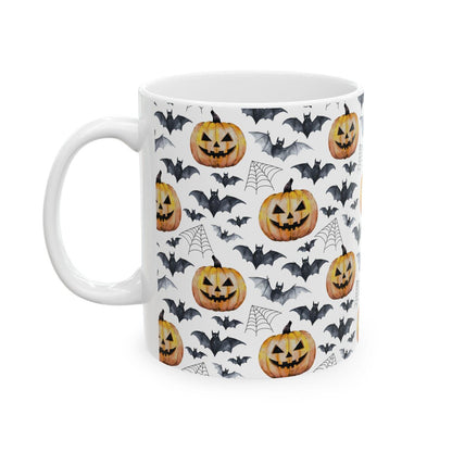 Spooky Halloween Watercolor Pattern 11oz white funny large coffee mug gift for fall autumn pumpkins bats cobwebs October enthusiast him her friend night animal lover birthday waveywares wavey wares wavywares wavy wares