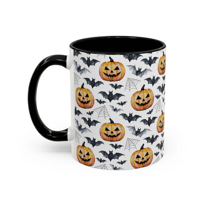 Spooky Halloween Watercolor Pattern 11oz white with black accent funny large coffee mug gift for fall autumn pumpkins bats cobwebs October enthusiast him her friend night animal lover birthday waveywares wavey wares wavywares wavy wares