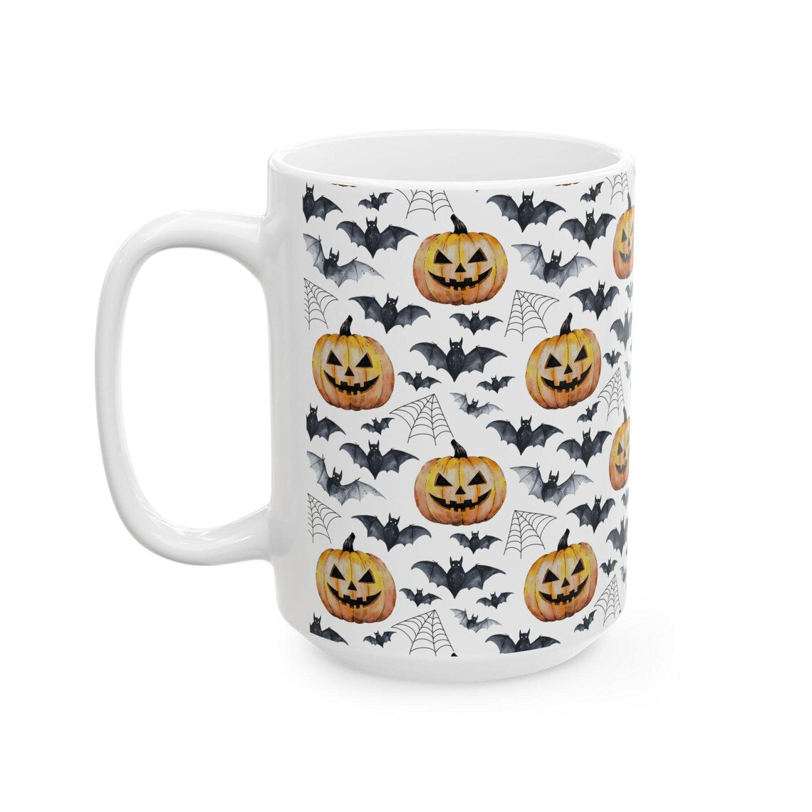 Spooky Halloween Watercolor Pattern 15oz white funny large coffee mug gift for fall autumn pumpkins bats cobwebs October enthusiast him her friend night animal lover birthday waveywares wavey wares wavywares wavy wares