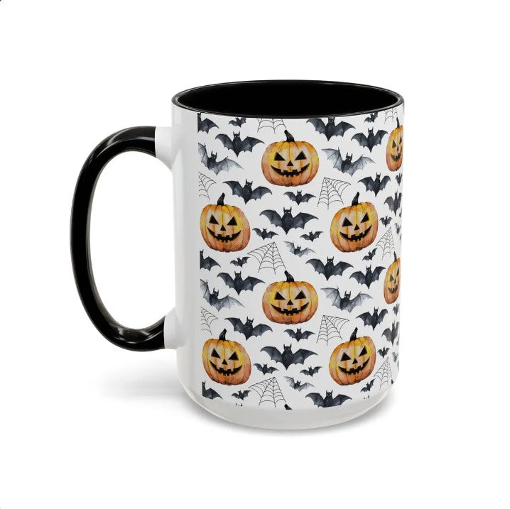 Spooky Halloween Watercolor Pattern 15oz white with black accent funny large coffee mug gift for fall autumn pumpkins bats cobwebs October enthusiast him her friend night animal lover birthday waveywares wavey wares wavywares wavy wares