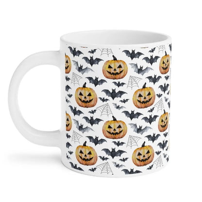 Spooky Halloween Watercolor Pattern 20oz white funny large coffee mug gift for fall autumn pumpkins bats cobwebs October enthusiast him her friend night animal lover birthday waveywares wavey wares wavywares wavy wares