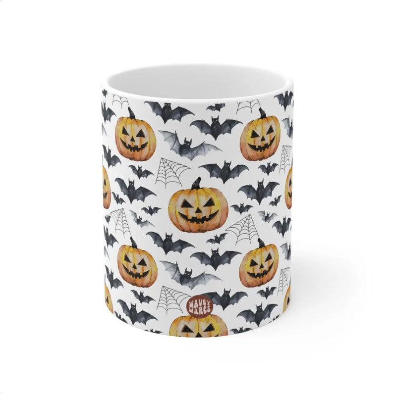 Spooky Halloween Watercolor Pattern 20oz white funny large coffee mug gift for fall autumn pumpkins bats cobwebs October enthusiast him her friend night animal lover birthday waveywares wavey wares wavywares wavy wares side