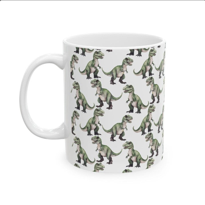 Cute Tyrannosaurus Rex T-Rex Dinosaur Watercolor Pattern 11oz white funny large coffee mug gift for dino enthusiast jurassic kids animal lover secret santa birthday Christmas waveywares wavey wares wavywares wavy wares