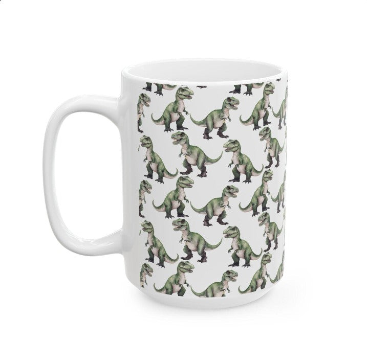 Cute Tyrannosaurus Rex T-Rex Dinosaur Watercolor Pattern 15oz white funny large coffee mug gift for dino enthusiast jurassic kids animal lover secret santa birthday Christmas waveywares wavey wares wavywares wavy wares