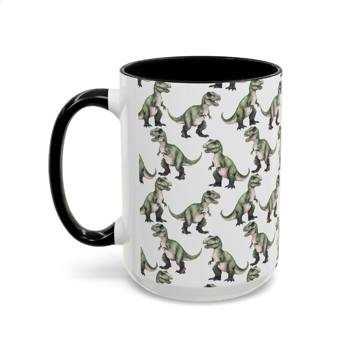 Cute Tyrannosaurus Rex T-Rex Dinosaur Watercolor Pattern 15oz white with black accent funny large coffee mug gift for dino enthusiast jurassic kids animal lover secret santa birthday Christmas waveywares wavey wares wavywares wavy wares