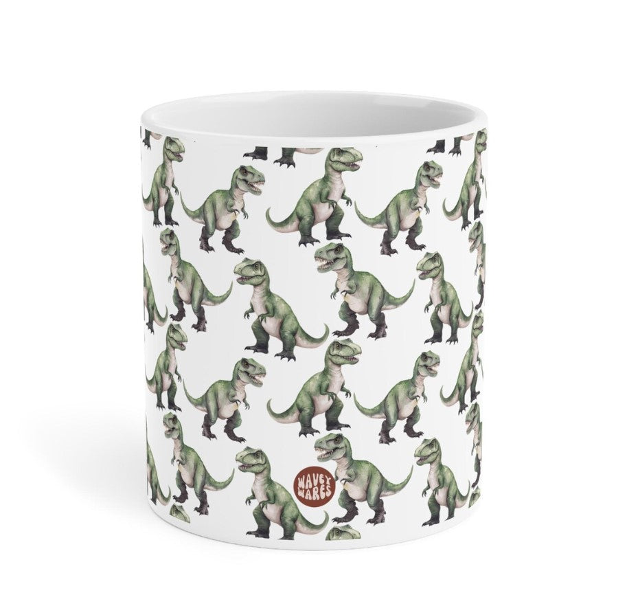 Cute Tyrannosaurus Rex T-Rex Dinosaur Watercolor Pattern 20oz white funny large coffee mug gift for dino enthusiast jurassic kids animal lover secret santa birthday Christmas waveywares wavey wares wavywares wavy wares side